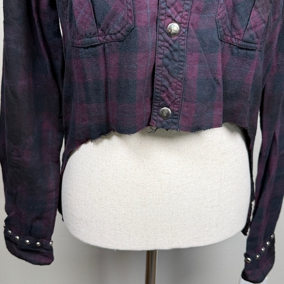 RILEY 1880‎ Crop Plaid Flannel Snap Up Shirt XS/S Bling Purple Western Grunge - Picture 9 of 17